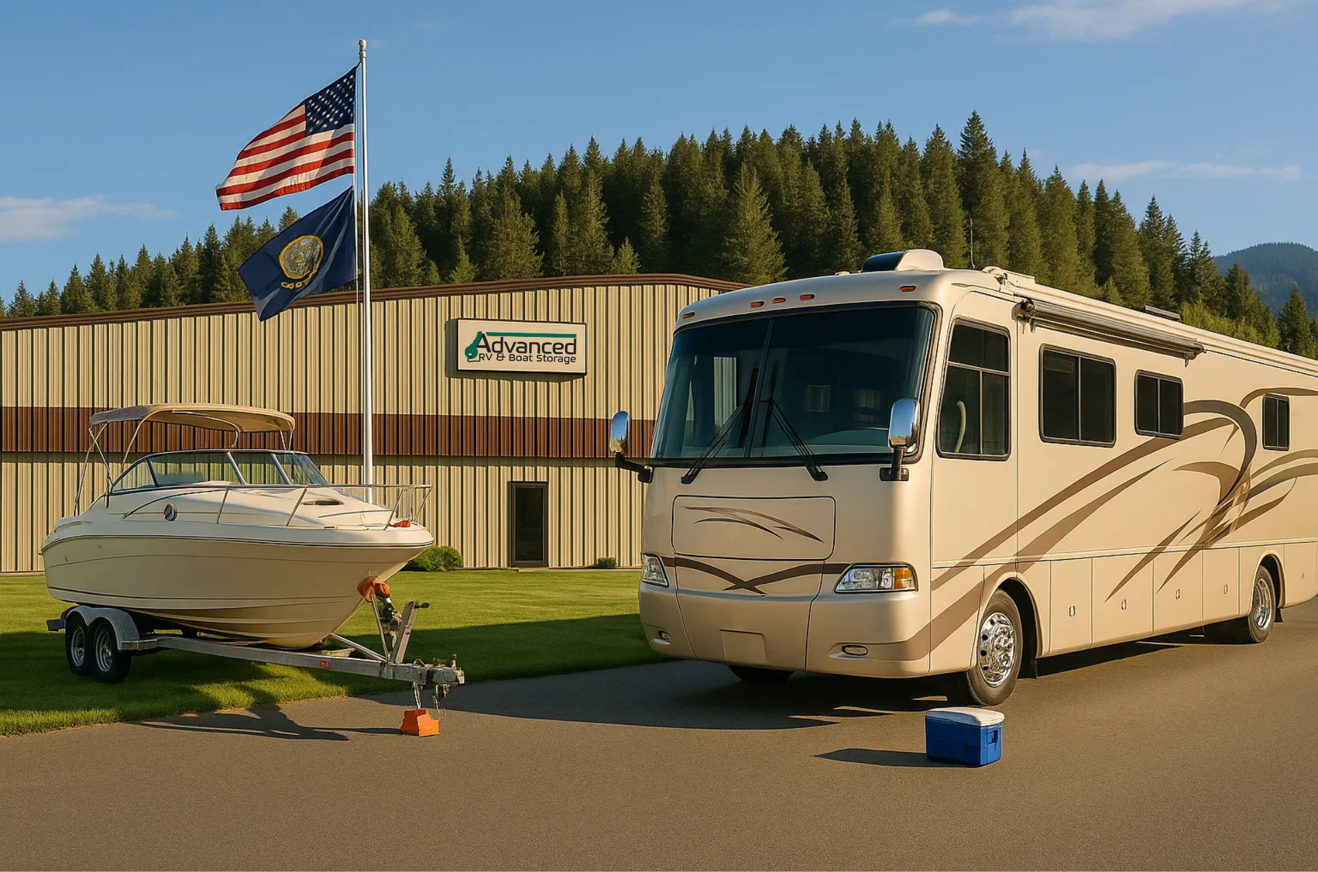 RV and boat parked outside a building with an American flag and trees in the background.