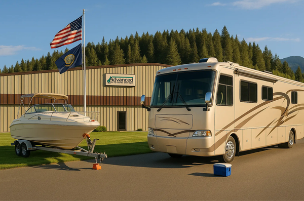 RV and boat parked outside a building with an American flag and trees in the background.