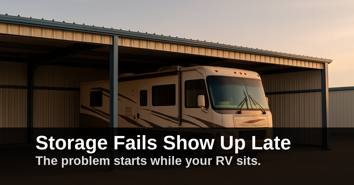 White RV in a storage shed with text:
