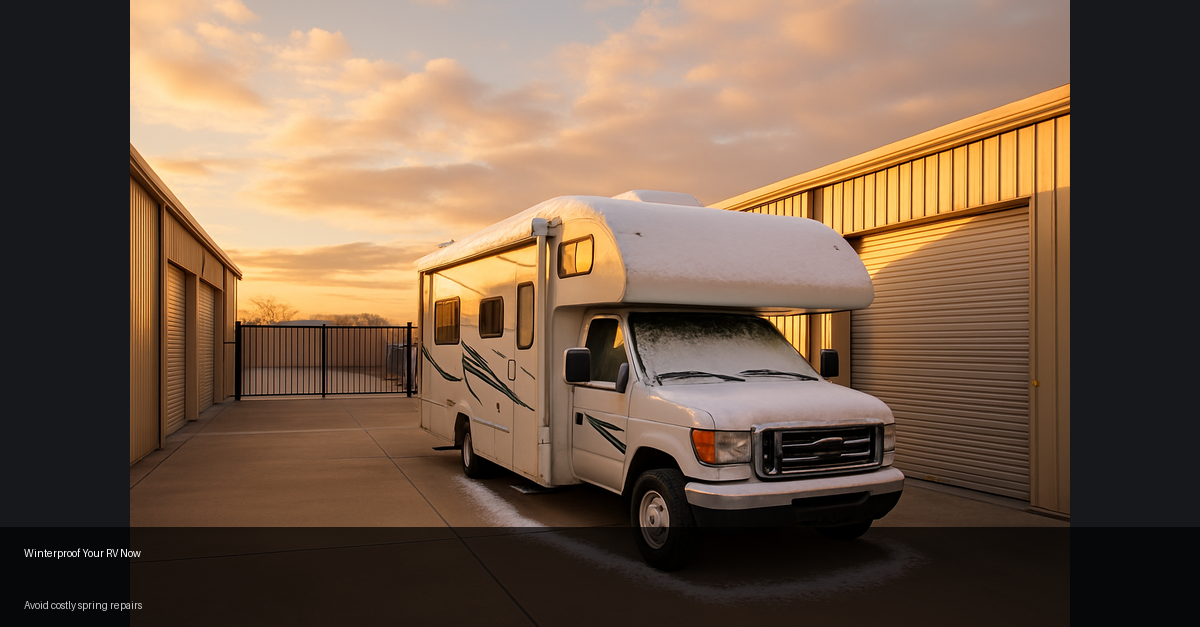 White RV parked in a narrow lot at sunset with warm orange sky and storage unit walls on both sides