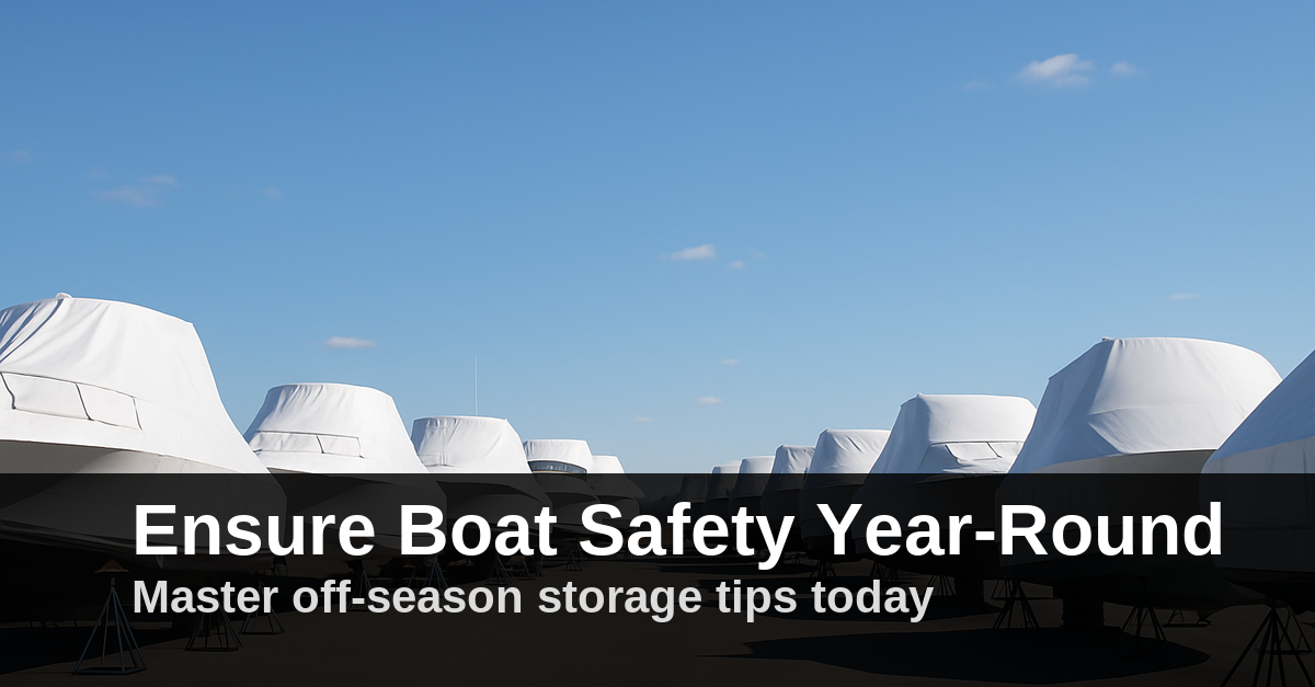 Boats covered in snow with text: “Ensure Boat Safety Year-Round” and “Master off-season storage tips today”