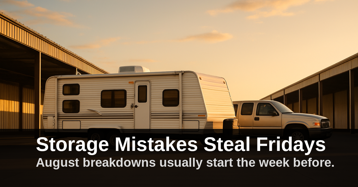Pickup and camper in storage yard at sunset with text: “Storage Mistakes Steal Fridays”