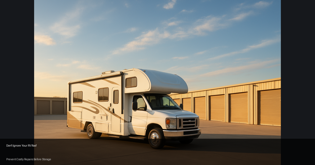 White RV motorhome parked on a desert road beside tan storage units at sunset