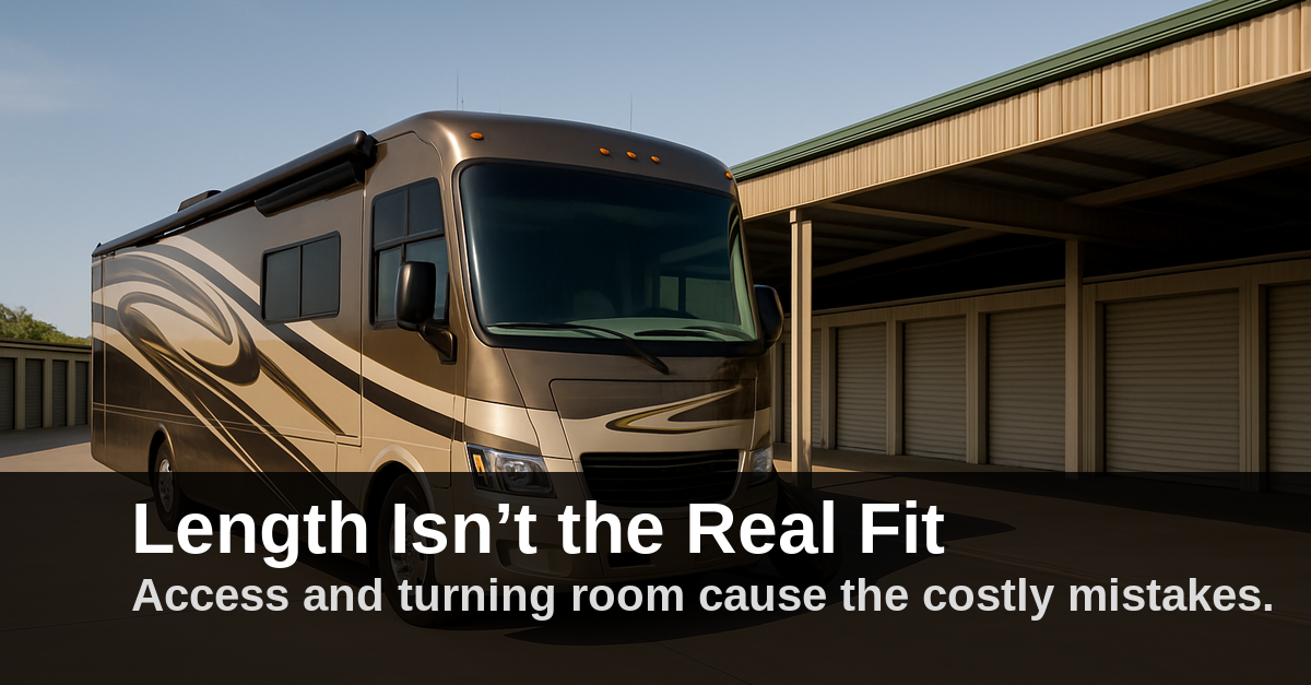 Luxury RV beside storage units with text: “Length Isn’t the Real Fit”