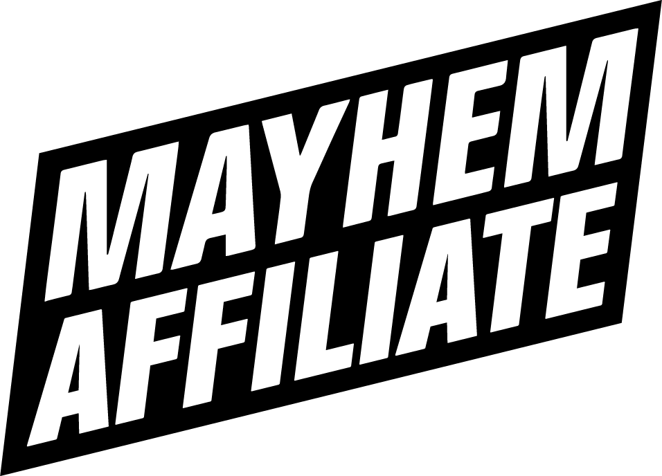 A black and white logo for mayhem affiliate.