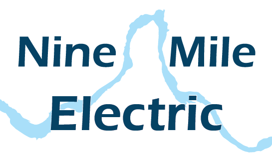 The logo for Nine Mile Electric is blue and white.