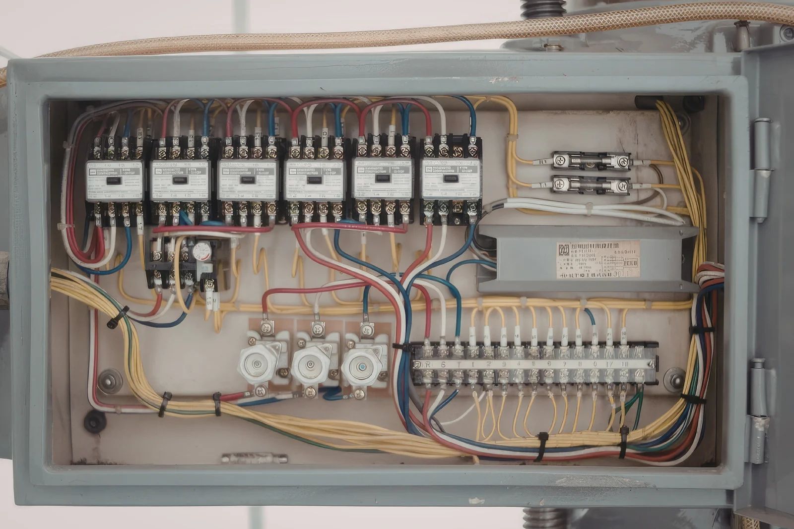 An open grey electrical control box containing various relays, a transformer, fuses, and a terminal block with wiring.