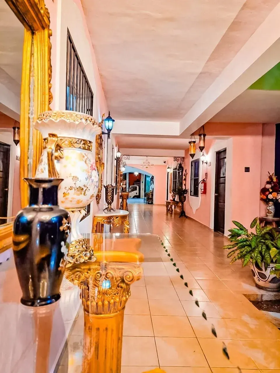 Hallway with pink walls, ornate vases, gold accents, and a potted plant.