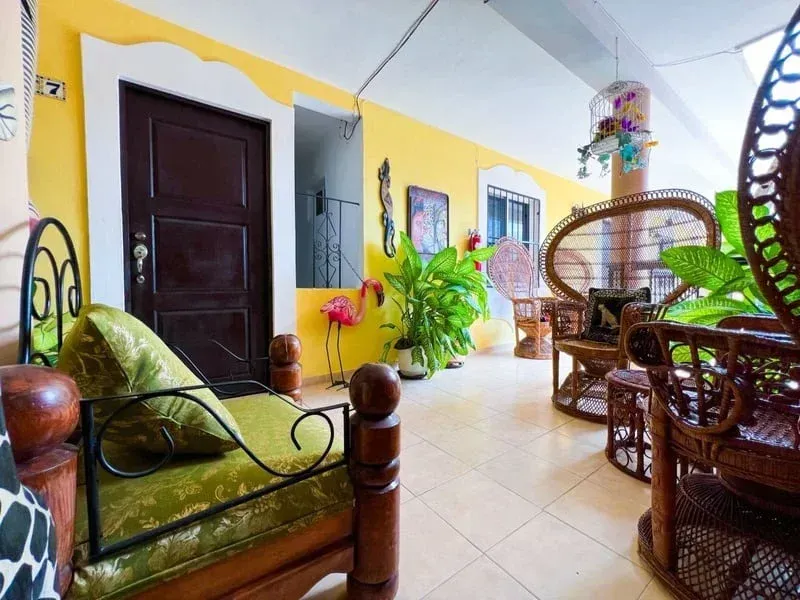 Bright yellow interior with wicker furniture and plants; a doorway and window are visible.
