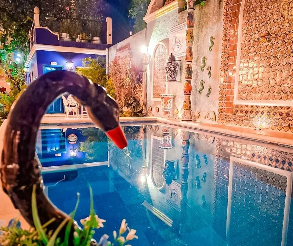 Pool with dark swan sculpture, decorated wall, and blue building.