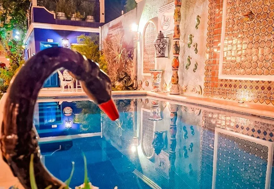 Pool at night with black swan statue, blue water, and Moroccan-style tiled walls and decorative elements.