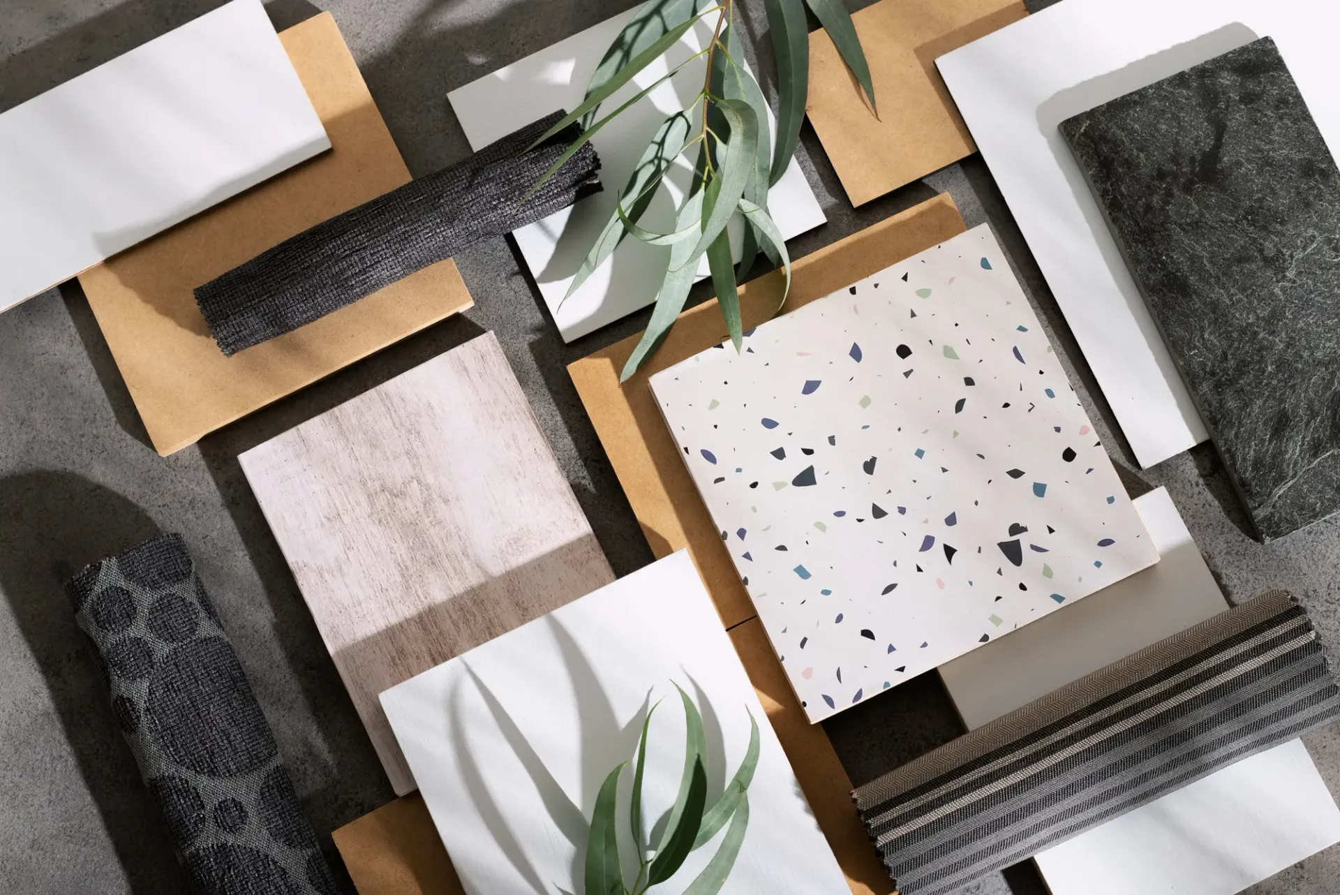 there are many different types of tiles and a plant on the table .
