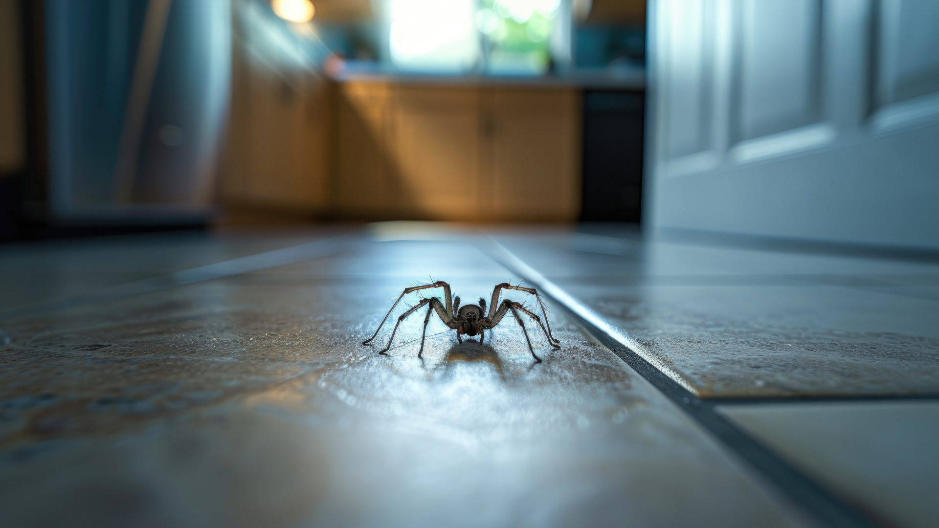 A brown spider centered on a tiled floor in a kitchen, viewed from a low angle.