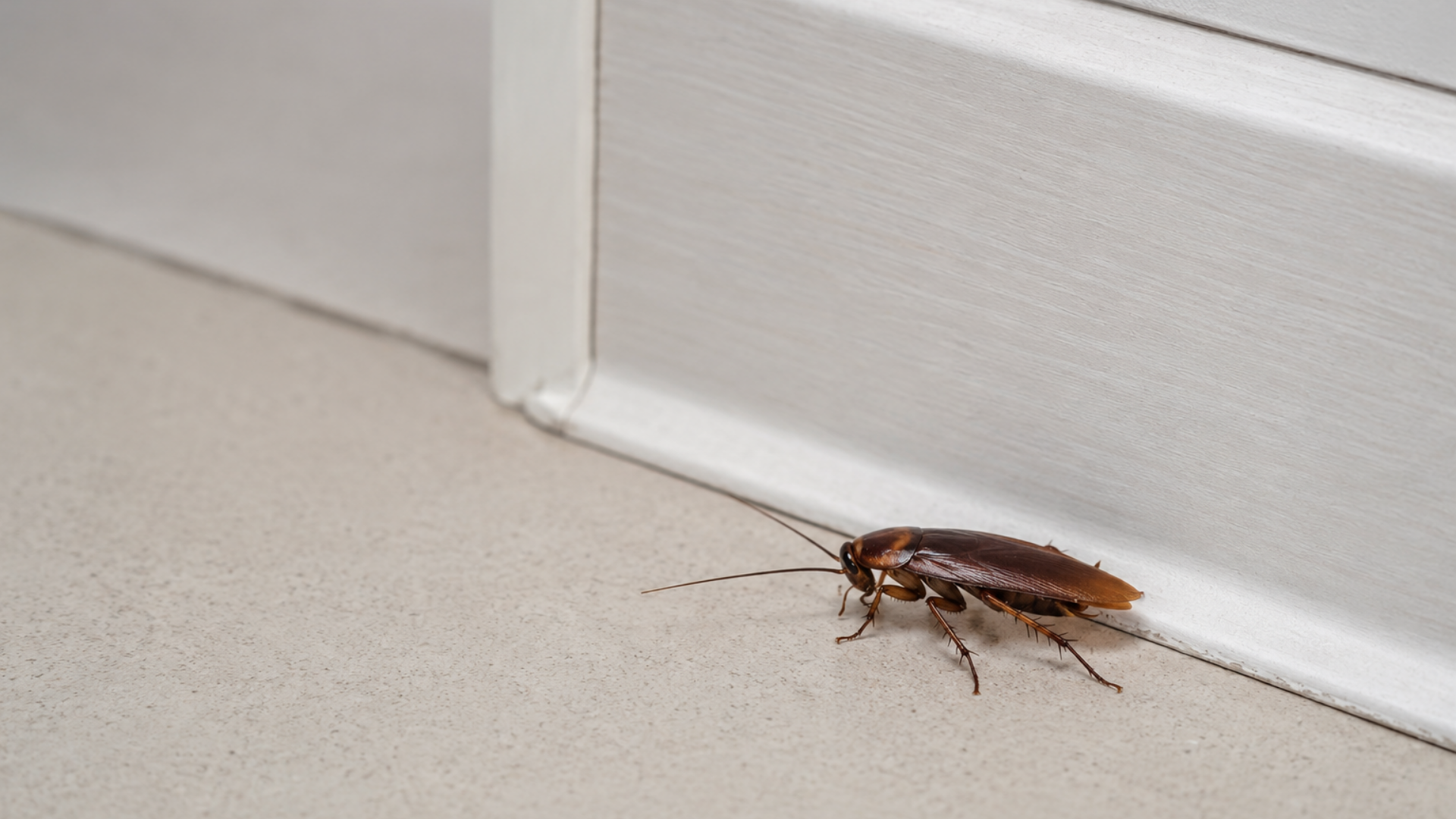 Brown cockroach on a light floor beside a white baseboard.