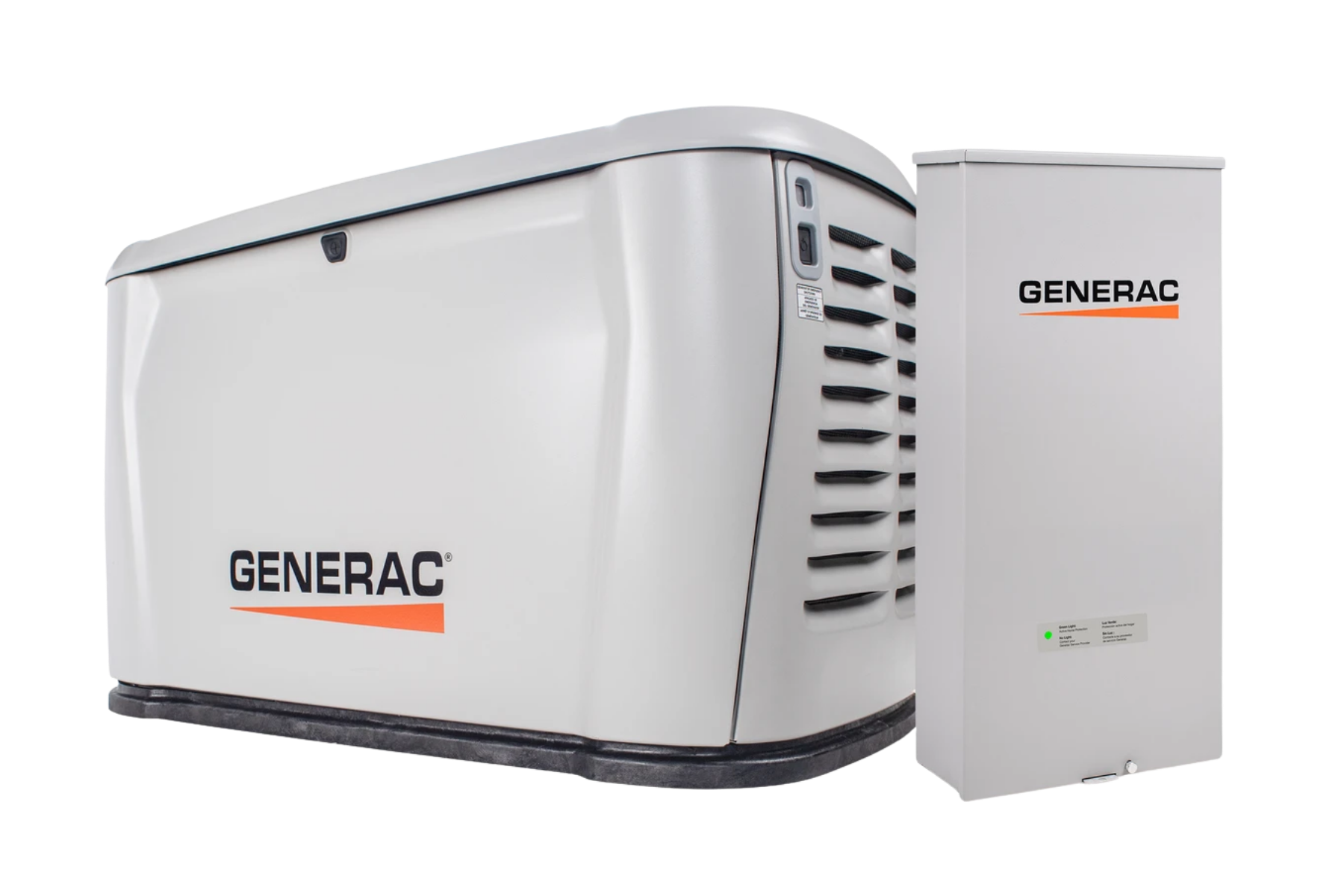 Generac home standby generator and control panel in white and gray Generac home standby generator and control panel in white and gray