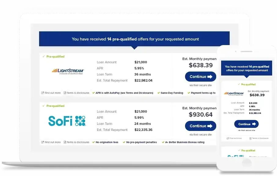 Loan comparison dashboard on laptop and phone showing lender rates and monthly payments