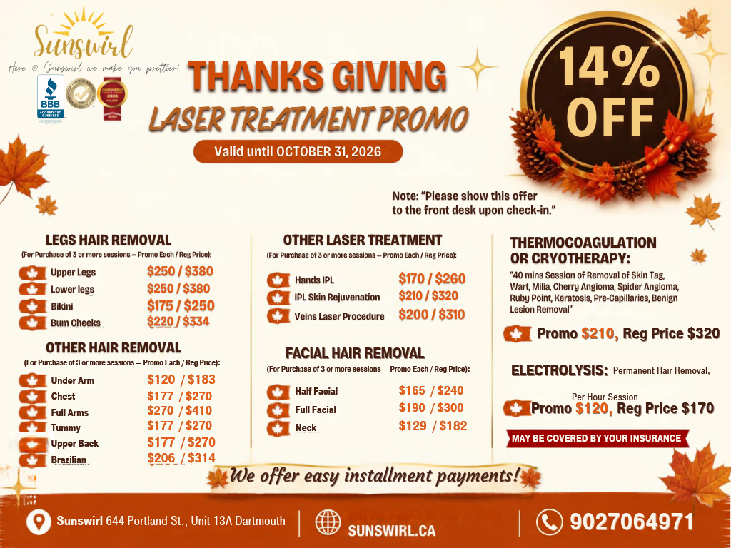 Thanksgiving laser treatment promo flyer with 14% off and pricing for hair removal and other treatments