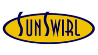SunSwirl logo: blue text on a yellow oval with dark blue outline