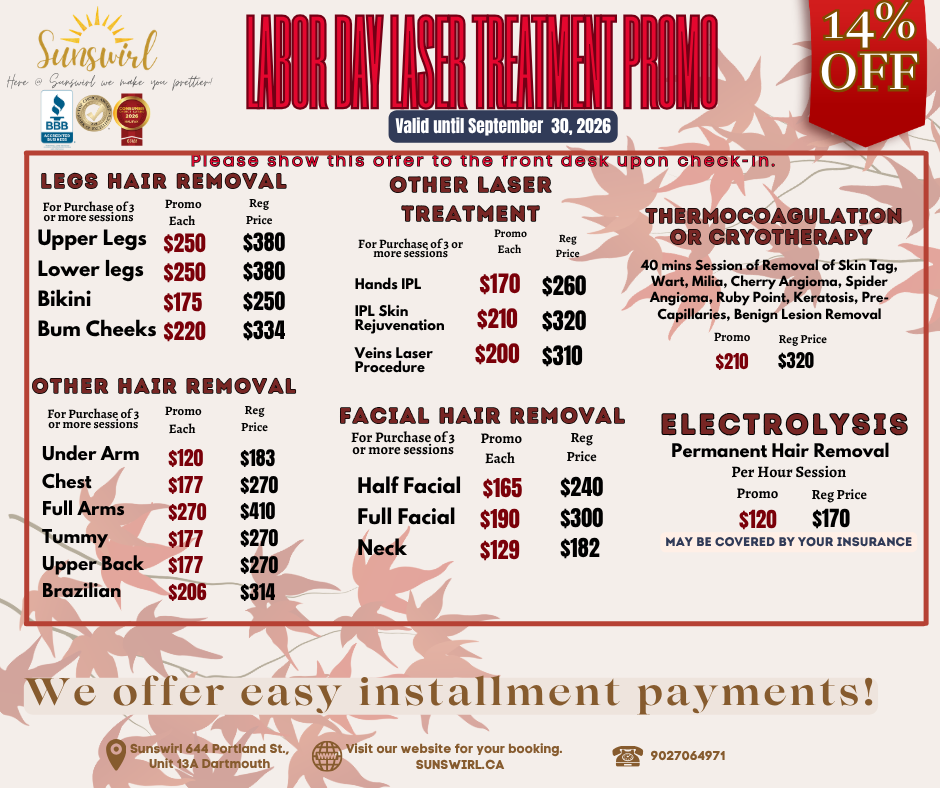 Promotional flyer for laser services with price list, “14% off” badge, and installment payment offer
