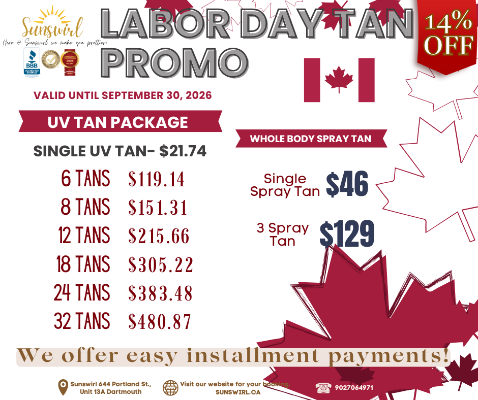 Fireworks image with tanning promo deals, and 14% off badge