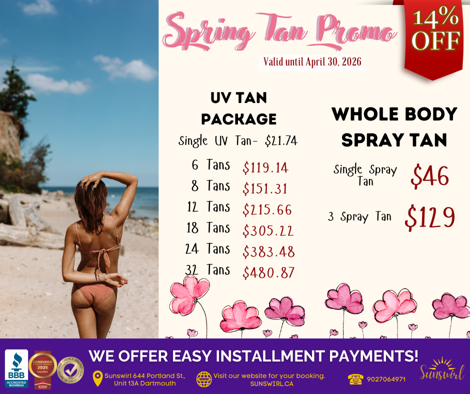 Valentine's Day tan promo: spray tan & UV packages. Woman with hands over head, roses, brown & pink tones.