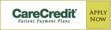 CareCredit patient payment plan logo with yellow “APPLY NOW” button