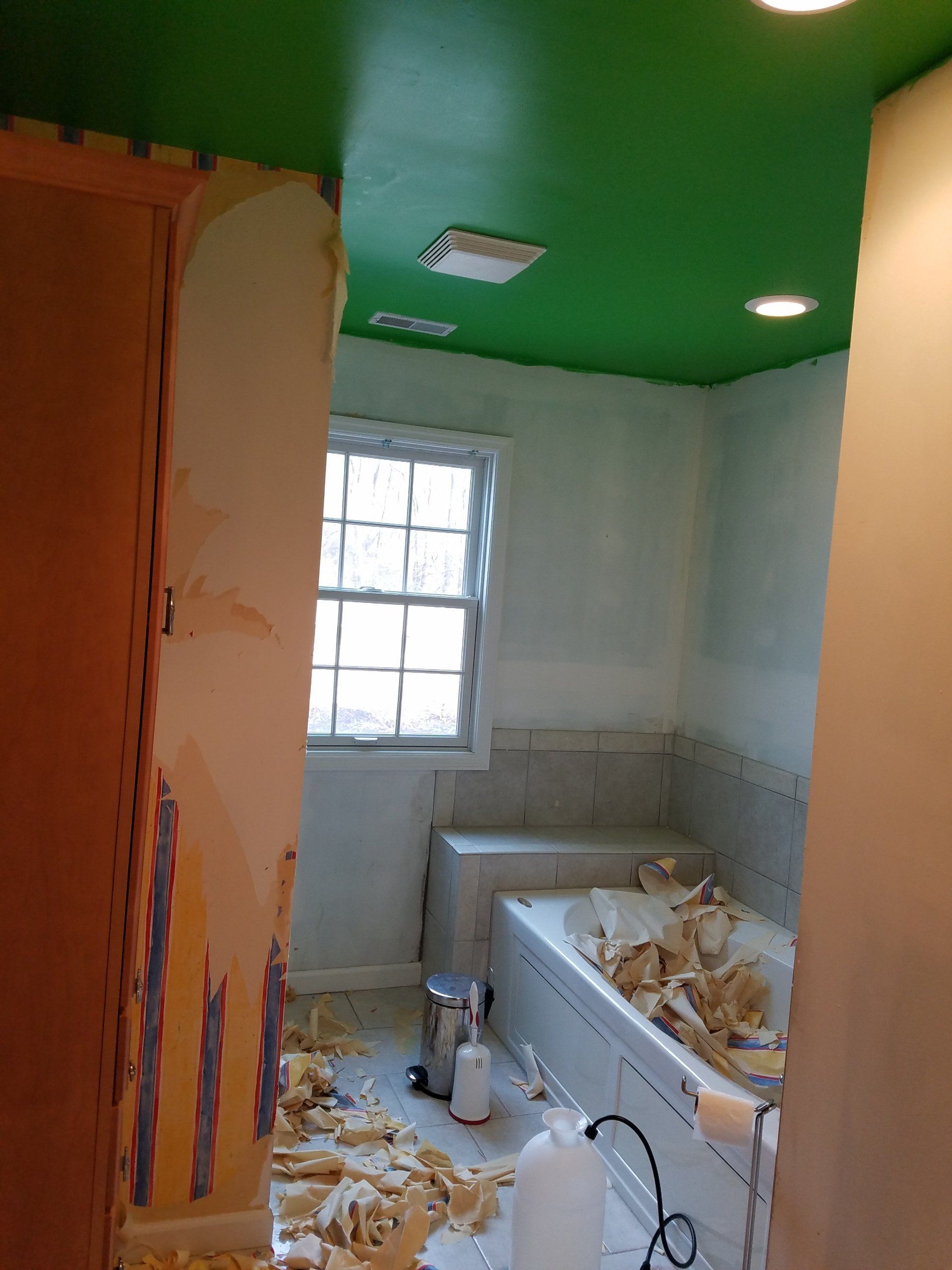 Bathroom renovation in progress, drywall and debris visible, green ceiling, bathtub, window.
