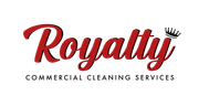 Logo for Royalty Commercial Cleaning Services in red and black lettering with a crown icon