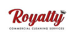 Logo for Royalty Commercial Cleaning Services in red and black lettering with a crown icon