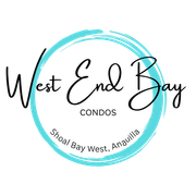 Logo for West End Bay Condos: black cursive text inside a teal circular brushstroke design.