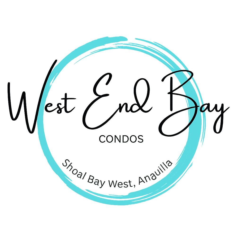 Logo for West End Bay Condos: black cursive text inside a teal circular brushstroke design.