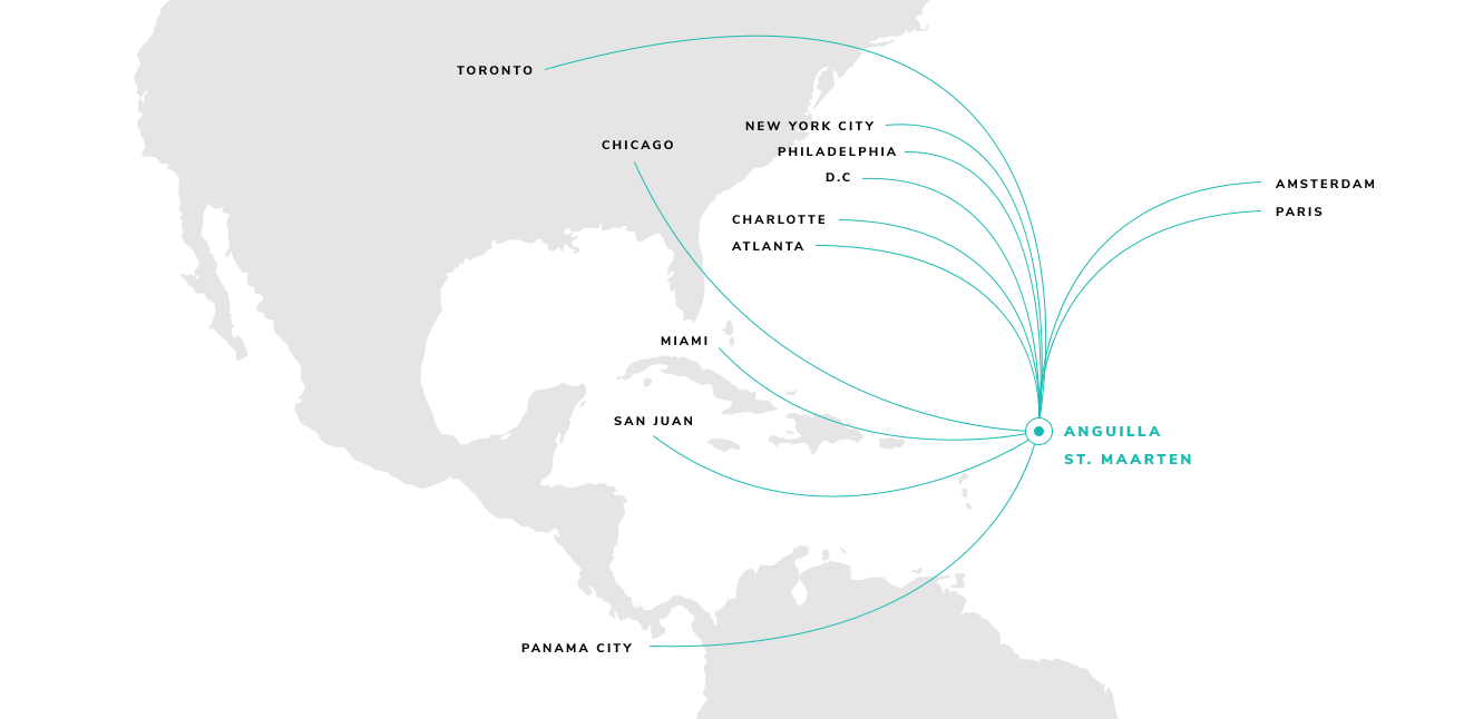 Map with light blue lines connecting various locations to/from Santo Domingo, Dominican Republic.