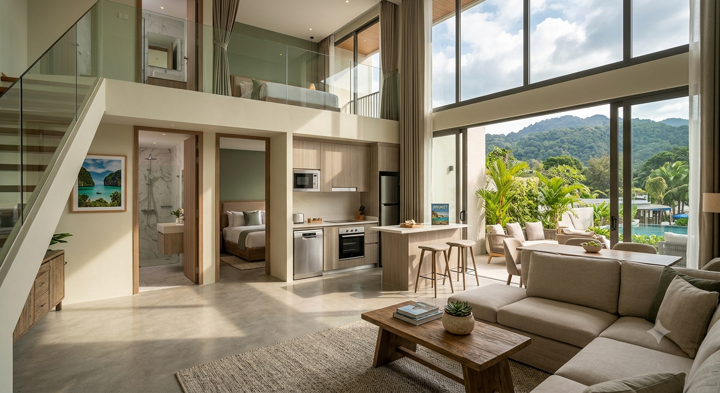 Bright modern loft living room with sofa, dining area, staircase, and floor-to-ceiling windows overlooking hills