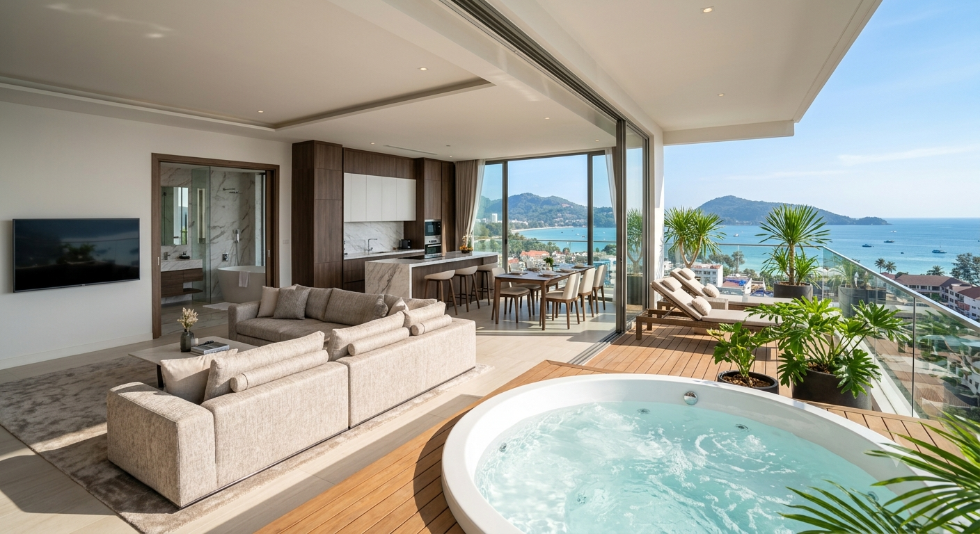 Modern oceanfront patio with lounge seating, dining table, and a hot tub overlooking the sea