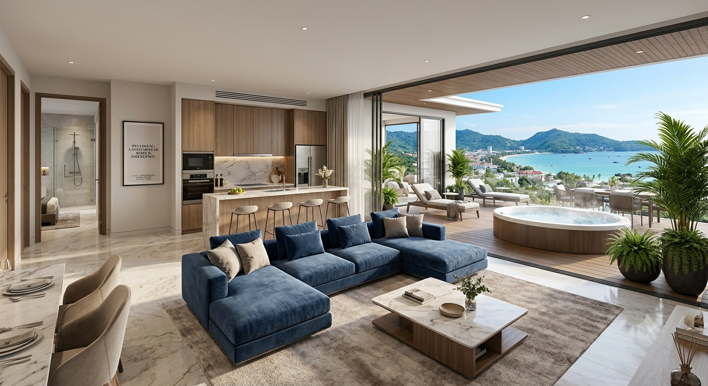 Modern beachfront living room with blue sofas, ocean view, and a patio with hot tub and mountains.