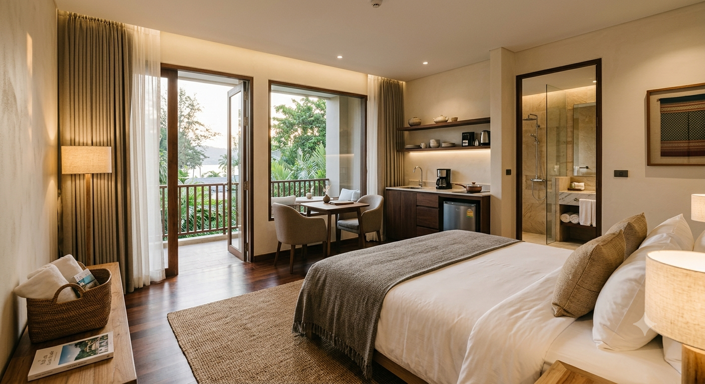 Bright hotel bedroom with a bed, balcony doors, desk, and warm neutral decor