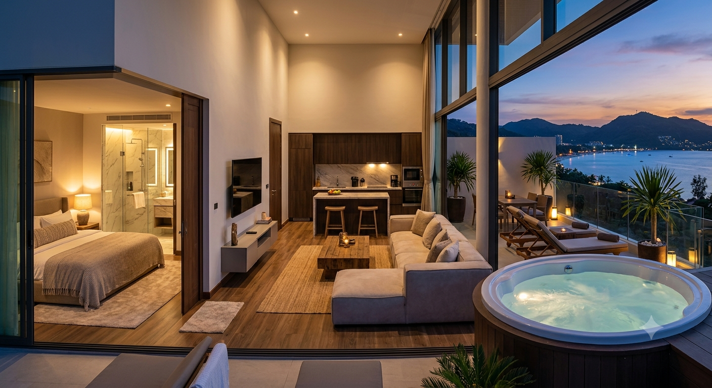 Luxury suite with king bed, living area, and balcony hot tub overlooking a sunset waterfront view