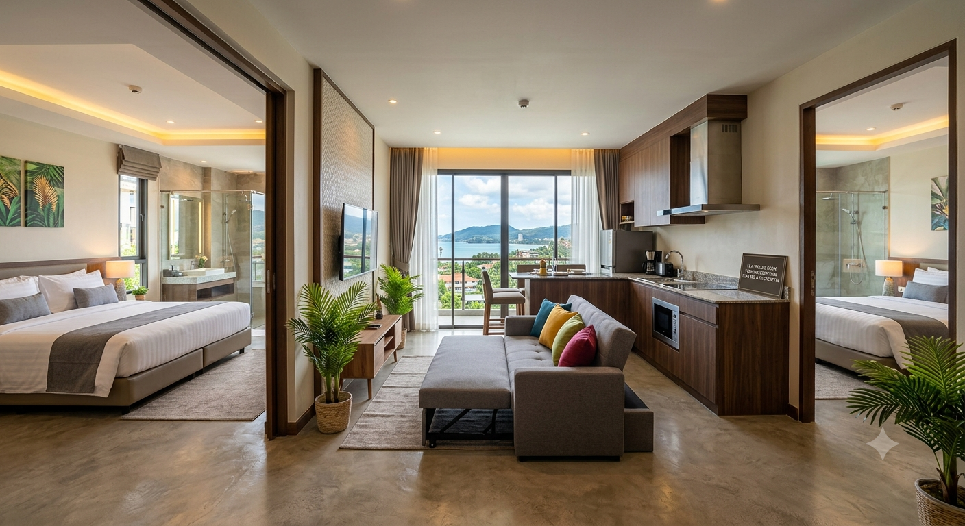 Modern hotel suite with a living area, bedroom, and balcony view of the water.