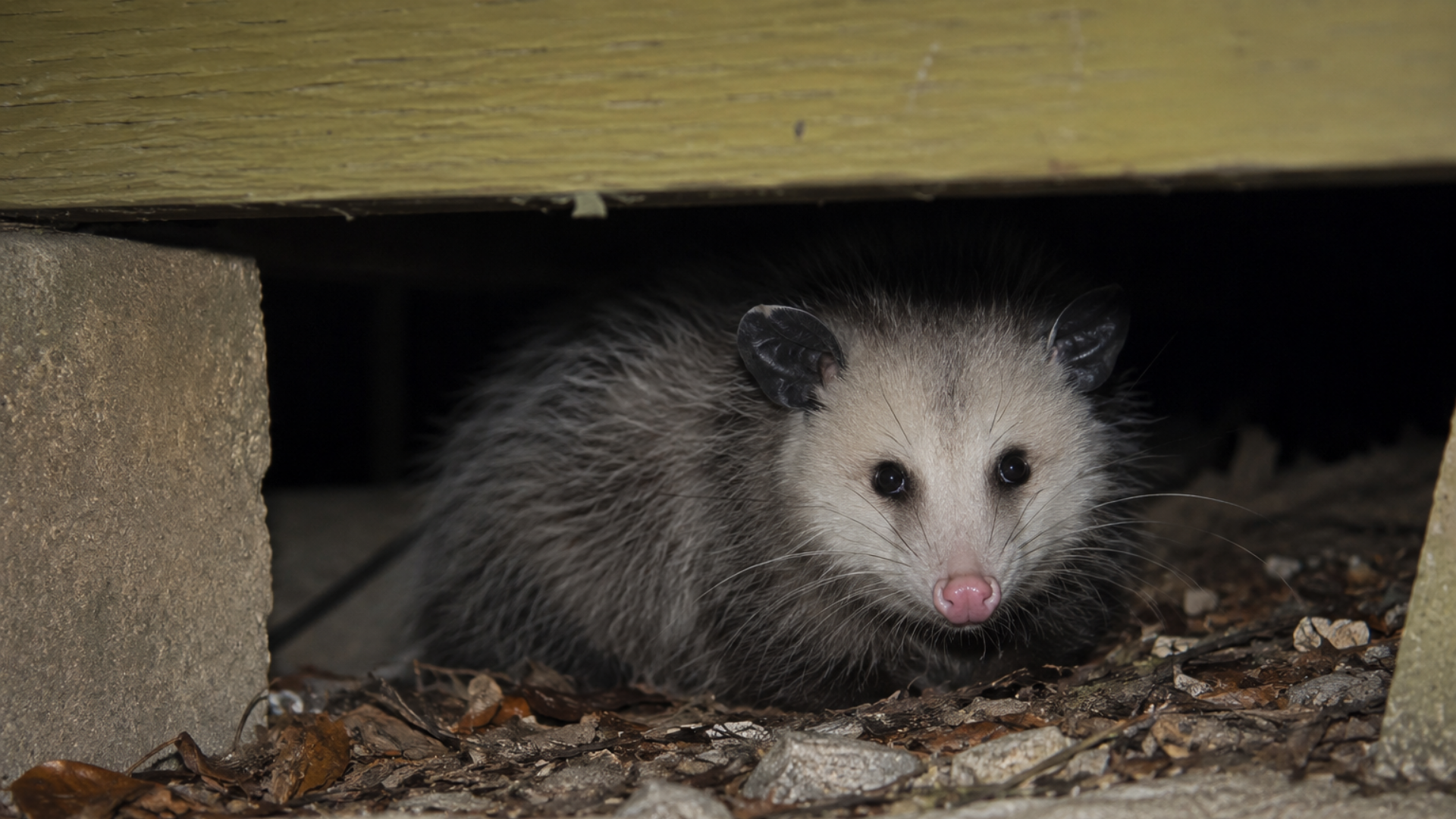 Small opossum peeking from a dark shelter, with white face and pink nose.