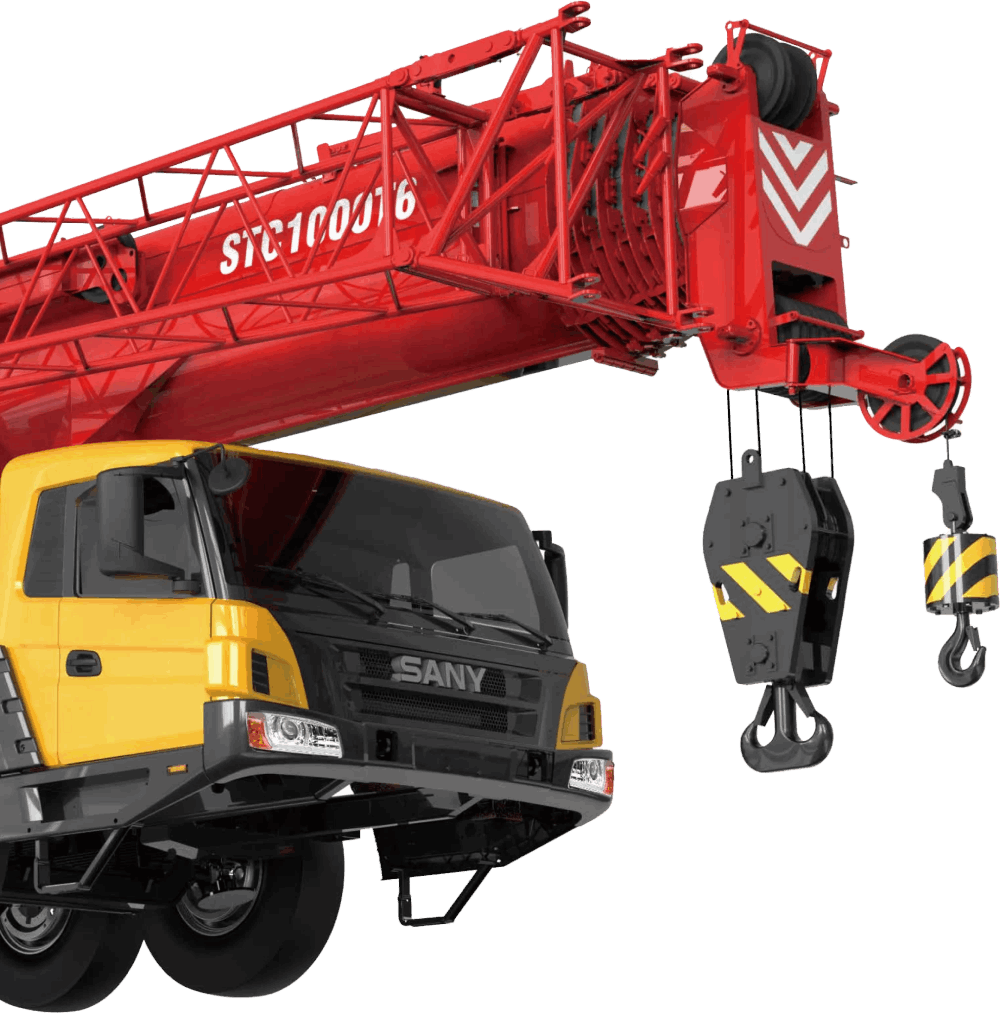 Yellow and black SANY truck with red crane, lifting hooks.