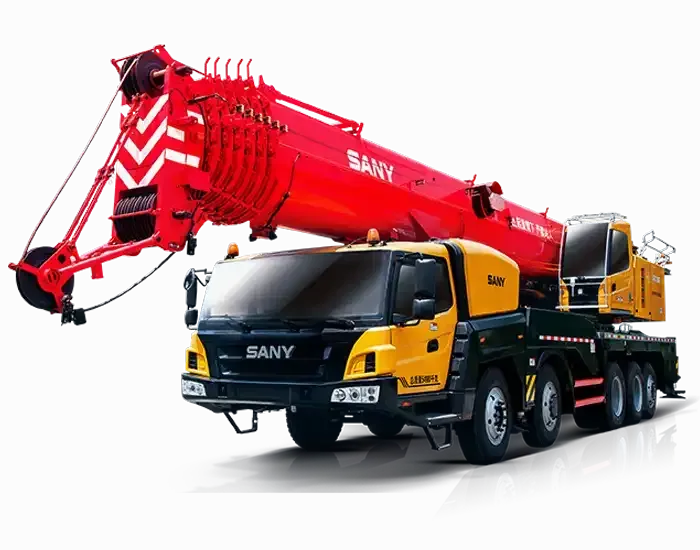 Red and yellow Sany mobile crane on a white background.