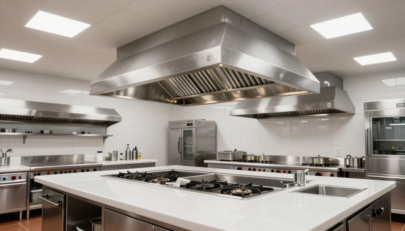 Modern commercial kitchen exhaust hood installation.