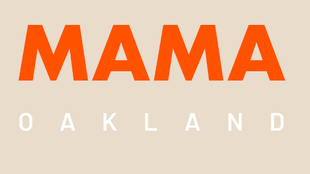 MAMA Oakland logo in bold orange letters on a beige background