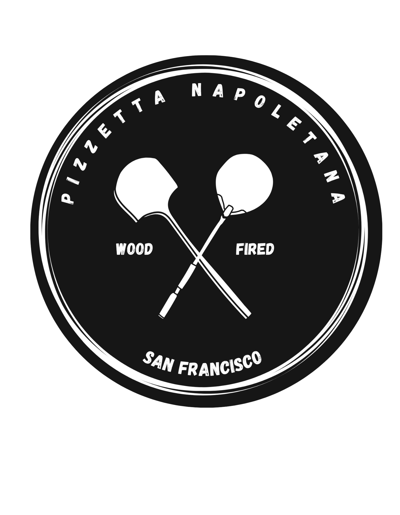 Round black-and-white Pizza Napoletana San Francisco logo with crossed pizza peels and “wood fired” text