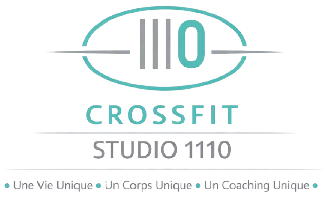 Logo CrossFit Studio 1110 en turquoise et gris avec slogan fran&ccedil;ais et ic&ocirc;ne d'halt&egrave;re
