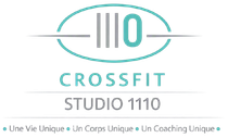 Logo CrossFit Studio 1110 en turquoise et gris avec slogan fran&ccedil;ais et ic&ocirc;ne d'halt&egrave;re