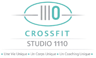 Logo CrossFit Studio 1110 en turquoise et gris avec slogan fran&ccedil;ais et ic&ocirc;ne d'halt&egrave;re