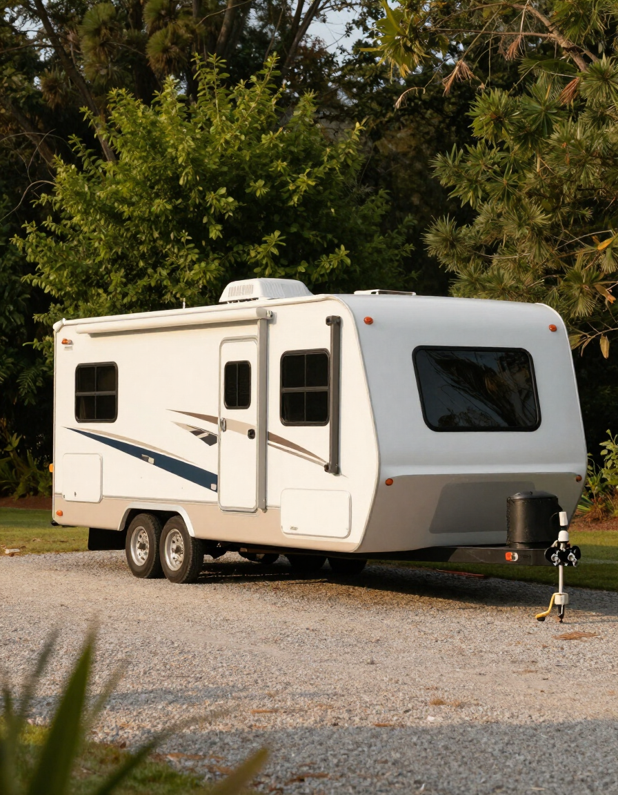 RV parked on a lot at Hickory Lane with hookup access and surrounding greenery
