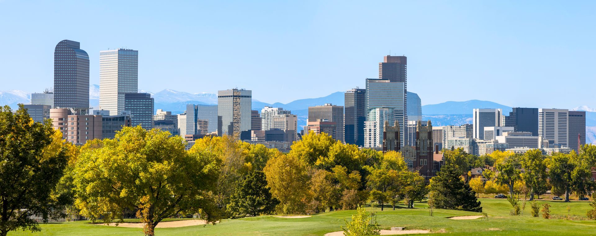 City skyline beyond a green park with trees and grassy field under a clear blue sky