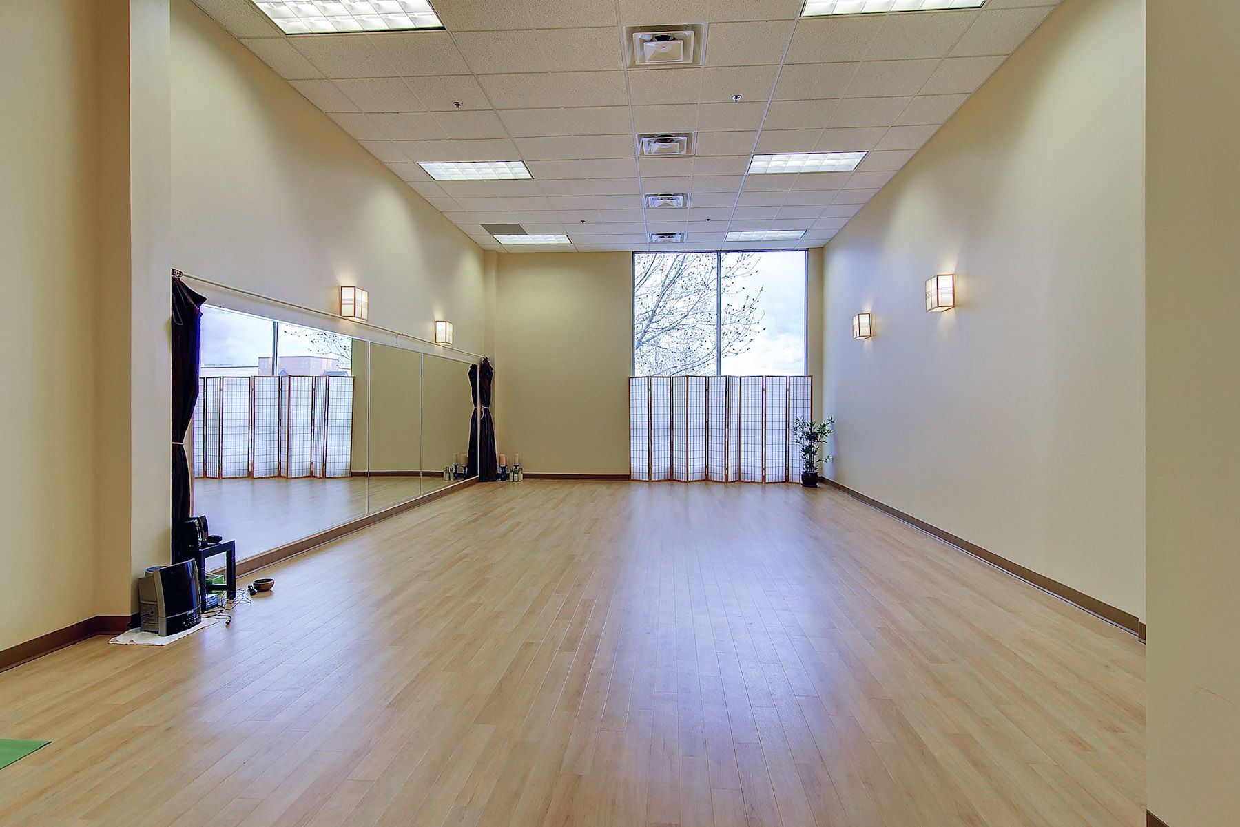 Empty mirrored dance studio with wooden floor and large windows